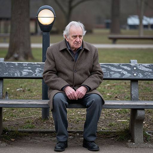 Photograph of an elderly white man with white hair, wearing a brown coat and gray pants, sitting on a weathered park bench with a lit street