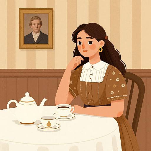 Digital illustration of a brown-haired woman in a Victorian dress, seated at a tea table with teapot and cup, in a room with striped wallpaper and