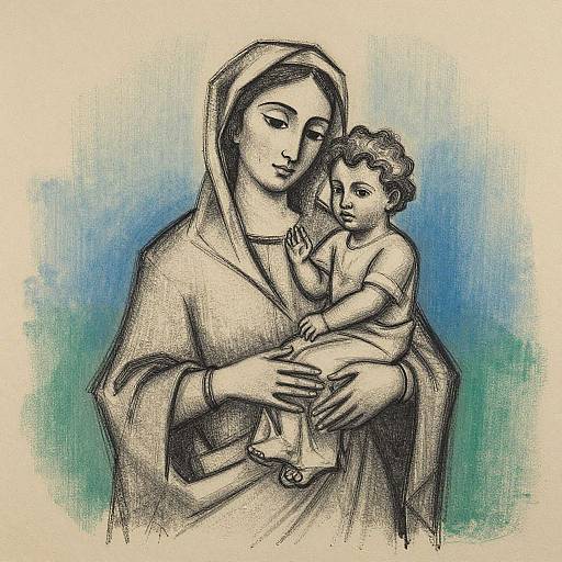 Ink drawing of a serene mother with a headscarf cradling a curly-haired baby, both gazing tenderly, set against a blue