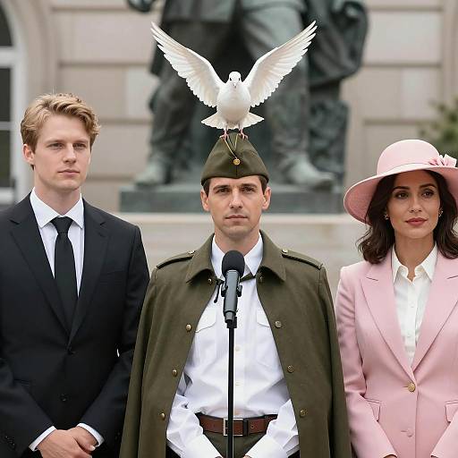 Man with Dove on Military Cap at Outdoor Ceremony