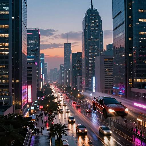 Photograph of a vibrant, futuristic cityscape at dusk, featuring illuminated skyscrapers, busy streets with blurred car lights, and a colorful, gradient