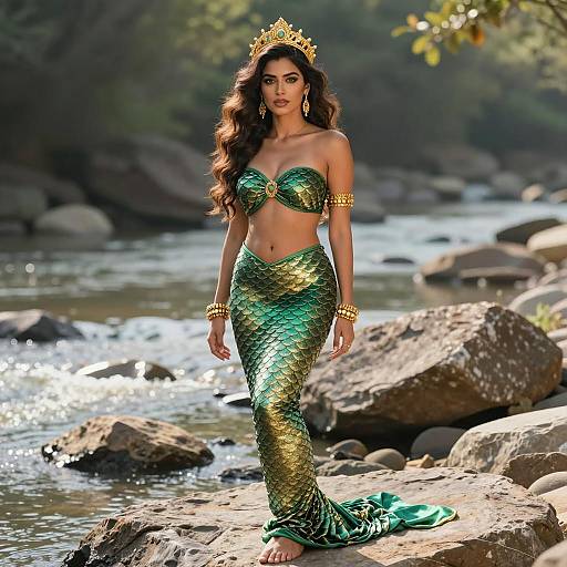 Woman in Green Gold Mermaid Costume by River