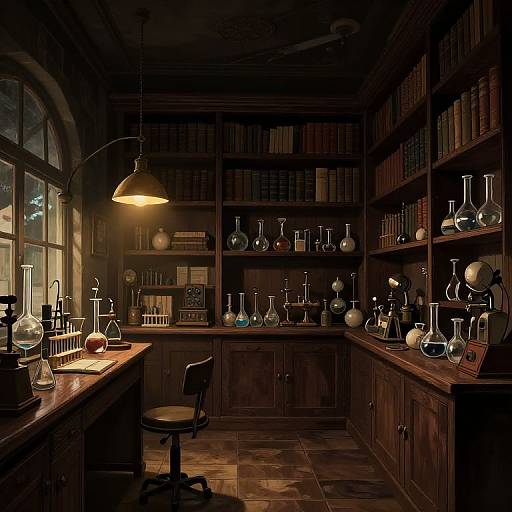 Photograph of a dimly lit, vintage-style laboratory with wooden shelves, glass beakers, and flasks, illuminated by a single hanging lamp.