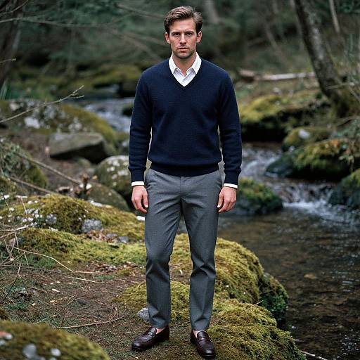 Photograph of a serious, handsome, fair-skinned man with short brown hair, wearing a black sweater, white shirt, gray pants, and brown
