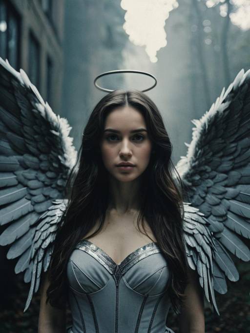 Woman in Grey Angel Wings Costume