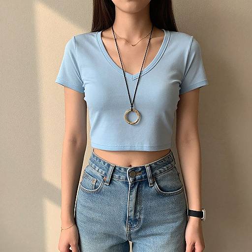 Photograph of a woman with long dark hair, wearing a light blue crop top, high-waisted blue jeans, and a long necklace with a