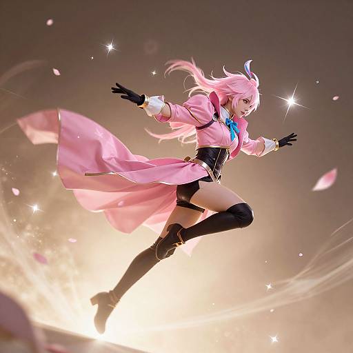 Digitally drawn anime-style image of a pink-haired, glowing character in a pink coat, black shorts, and thigh-high boots, leaping dynamically with