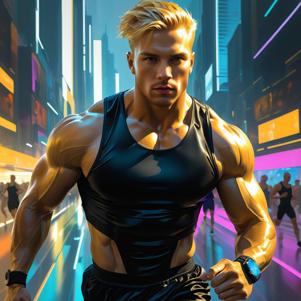 Muscular Athlete in Futuristic Cyberpunk City