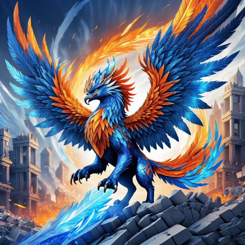 Majestic Griffin Rising from Fiery Rubble