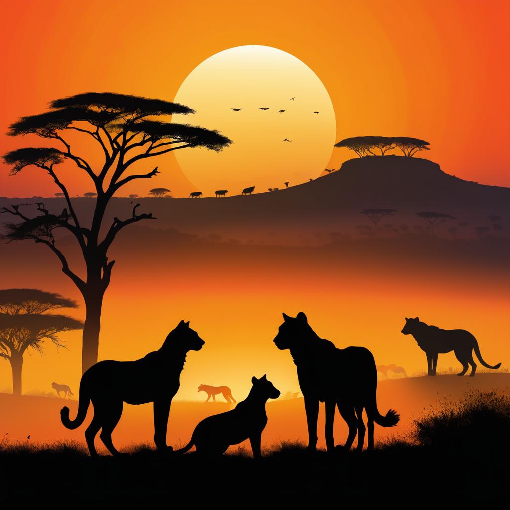 Cheetahs and Hyenas Silhouette at Sunrise