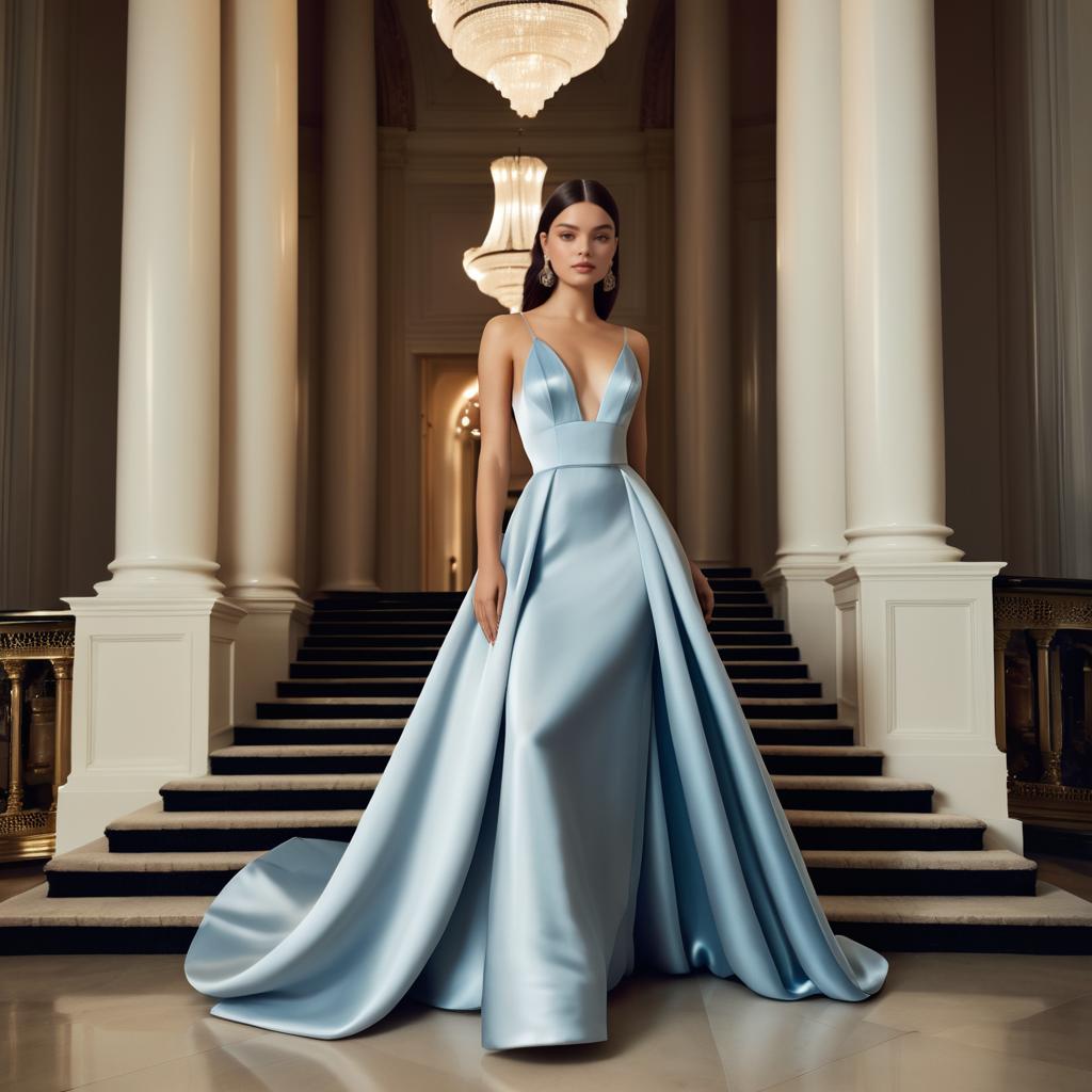 Elegant Satin Gown on Grand Staircase