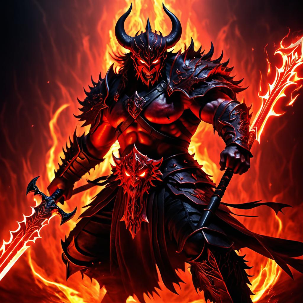 Fearsome Demon Warrior in Hellish Inferno