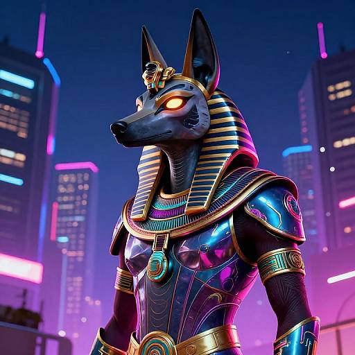 Digital CGI of a glowing, anthropomorphic Anubis with dark blue fur, golden Egyptian armor, and neon-lit cityscape background. Vibrant
