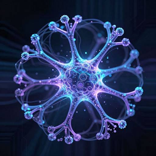 Digital CGI of a glowing, blue-purple, spherical molecular structure with intricate, radiating arms and sparkling nodes against a dark, starry background.