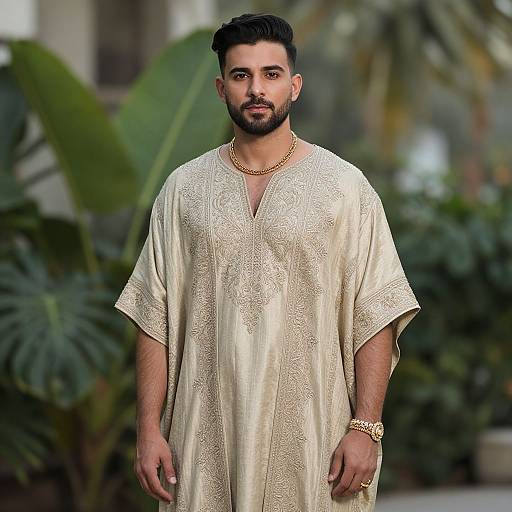 Photograph of a bearded man with dark hair, wearing a gold-embroidered cream tunic, gold chain, and bracelet, standing in