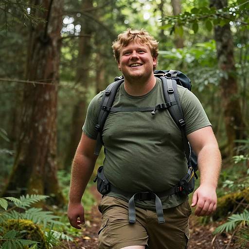Photograph of a smiling, bearded, overweight man with short, curly blond hair, wearing a green t-shirt, beige pants, and a black