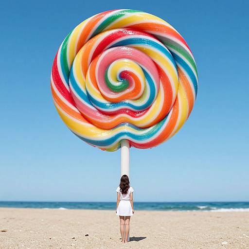 Photograph of a woman in a white dress standing on a beach, facing a giant, colorful, swirled lollipop against a clear blue sky