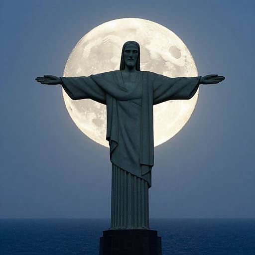 Photograph of Jesus Christ statue with outstretched arms, silhouetted against a full, bright moon over the ocean, in deep blue twilight