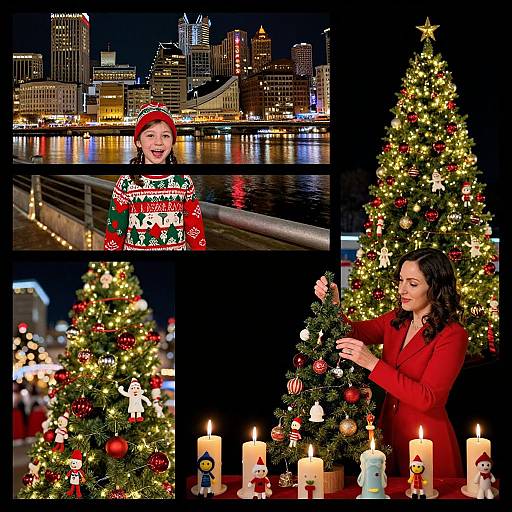 Photograph collage: Woman with dark hair in red outfit decorating Christmas tree by candlelit table, city skyline and river at night background.
