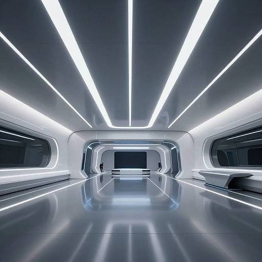 Photograph of a futuristic, sleek, metallic corridor with glowing white LED lights, smooth reflective floor, and minimalist design.