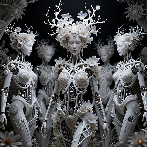 Photograph of five ethereal, white, robotic female figures with flower crowns, glowing antlers, and intricate mechanical bodies, set against a dark