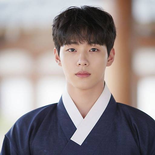 Photograph of a young Asian man with straight black hair, wearing a traditional black Korean hanbok with white collar, standing in a brightly lit,