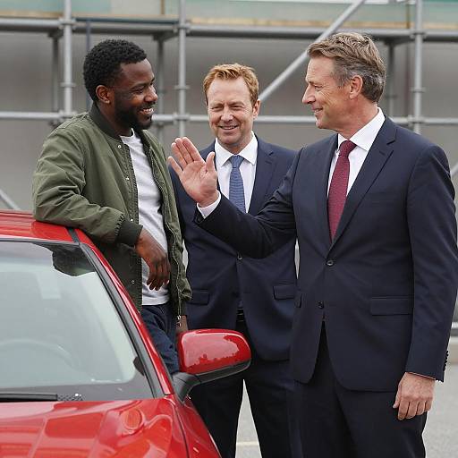 Men Conversing by Red Car Outside Building with Scaffolding