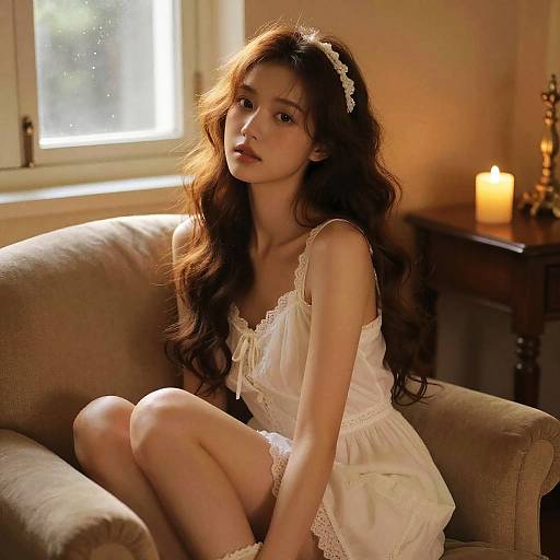 Photograph of a young woman with long, wavy brown hair, wearing a white lace nightgown and floral headband, sitting on a beige