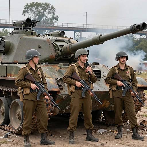 Three Soldiers Standing by Damaged Tank
