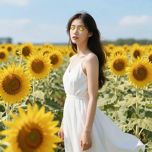 Girl with Yellow Eyes in Sunflowers