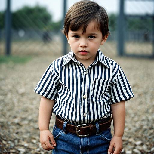 Serious Toddler Boy in Striped Shirt Outdoors
