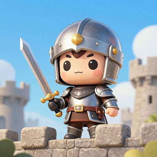 Chibi-style digital rendering of a cute, armored knight with a silver helmet and sword, standing on a stone wall against a bright blue sky and castle