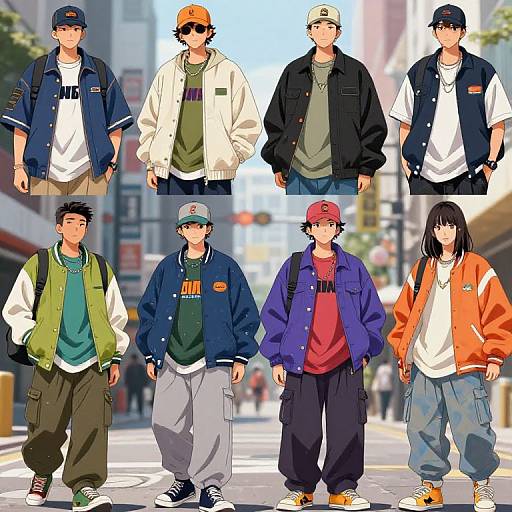 Digital illustration of six diverse, stylish teenagers in urban streetwear, standing on a city street, showcasing various jackets, hats, and casual clothing.