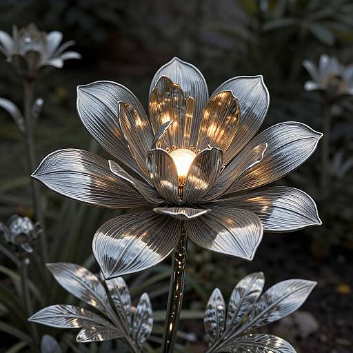 Photograph of a glowing, metallic flower lamp with illuminated petals, set against a dark, blurred garden background. The lamp's intricate, silver leaves reflect
