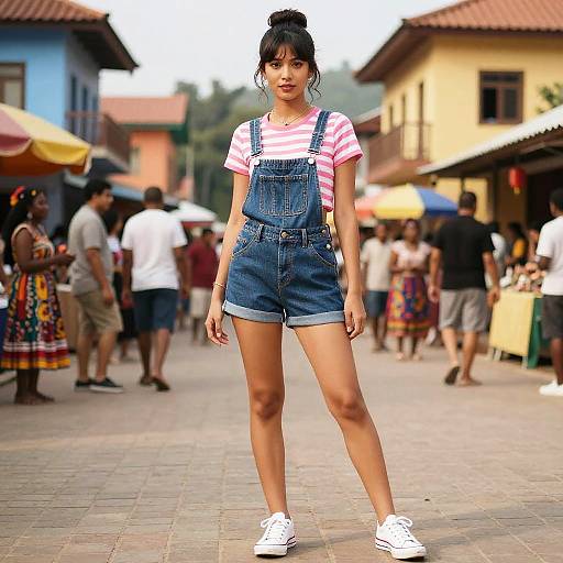 Photograph of a young woman with dark hair in a bun, wearing red-and-white striped shirt, blue denim overalls, and white sneakers, standing