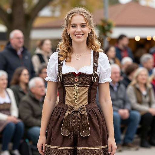 Photograph of a smiling young woman with wavy blonde hair wearing a brown Bavarian dirndl with white blouse, standing in front of a blurred crowd
