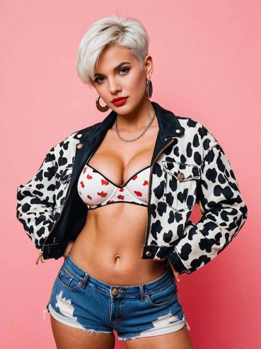 Blonde Woman in Cow Print Jacket and Denim Shorts