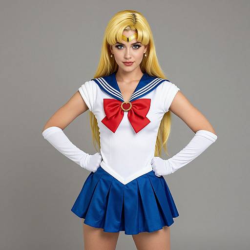 Digital CGI image of a blonde woman in a Sailor Moon-inspired outfit: white sailor top, red bow, blue skirt, white gloves, standing confidently against