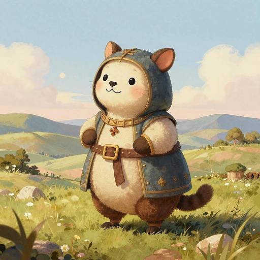 Cute, cartoon-style digital drawing of a chubby, white-furred bear in a blue hooded cloak, standing in a sunny, green meadow