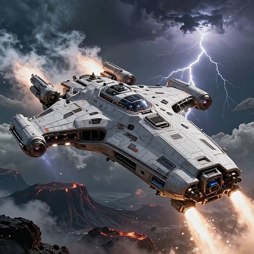 Digital illustration of a white, detailed Star Wars-style X-wing fighter ship, emitting bright laser blasts, flying through a stormy sky with lightning, over