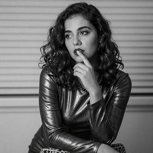 Thoughtful Woman in Metallic Top