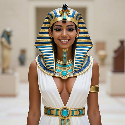 Photograph of a smiling woman with dark skin in an Egyptian-inspired costume, wearing a striped nemes headpiece, white deep V-neck dress, gold