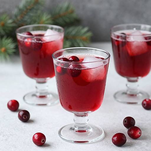 Photograph of three glass goblets filled with dark red cranberry juice, each with floating cranberries, surrounded by scattered cranberries, against a white
