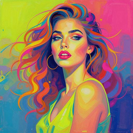 Digital pop art portrait of a woman with vibrant, multicolored hair, bold red lips, hoop earrings, and a neon yellow top, set against