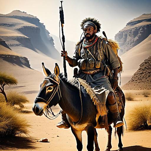 Ethiopian Guerilla Warrior on Donkey in Rugged Landscape