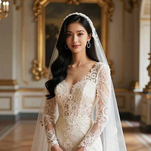 Photograph of an elegant Asian bride with long black hair, wearing a white lace wedding dress with a deep V-neck, and a sheer veil, standing