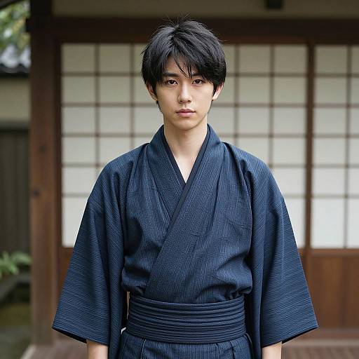 Photograph of a young East Asian man with short black hair, wearing a dark blue, textured kimono, standing in front of a traditional Japanese wooden