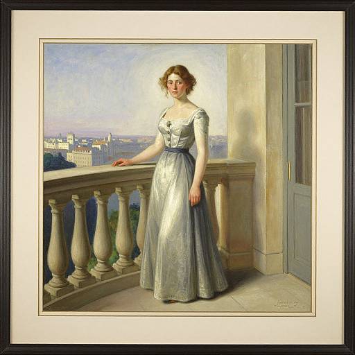 Oil painting of a fair-skinned woman with curly brown hair, wearing a silver gown, standing on a balcony overlooking a cityscape.