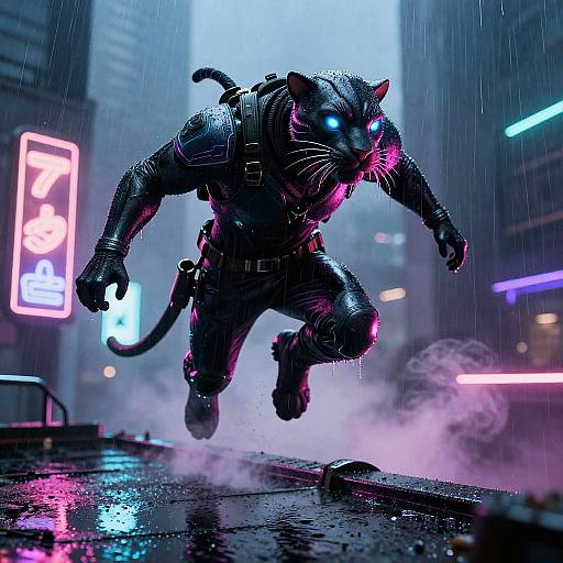 Cyberpunk neon-lit city street at night, a muscular, black panther humanoid with glowing blue eyes and wet armor leaps over a puddle
