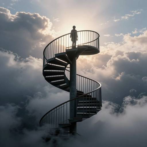 Silhouetted figure stands on a spiral metal staircase against a bright sun and cloud-filled sky, creating a dramatic, surreal scene.